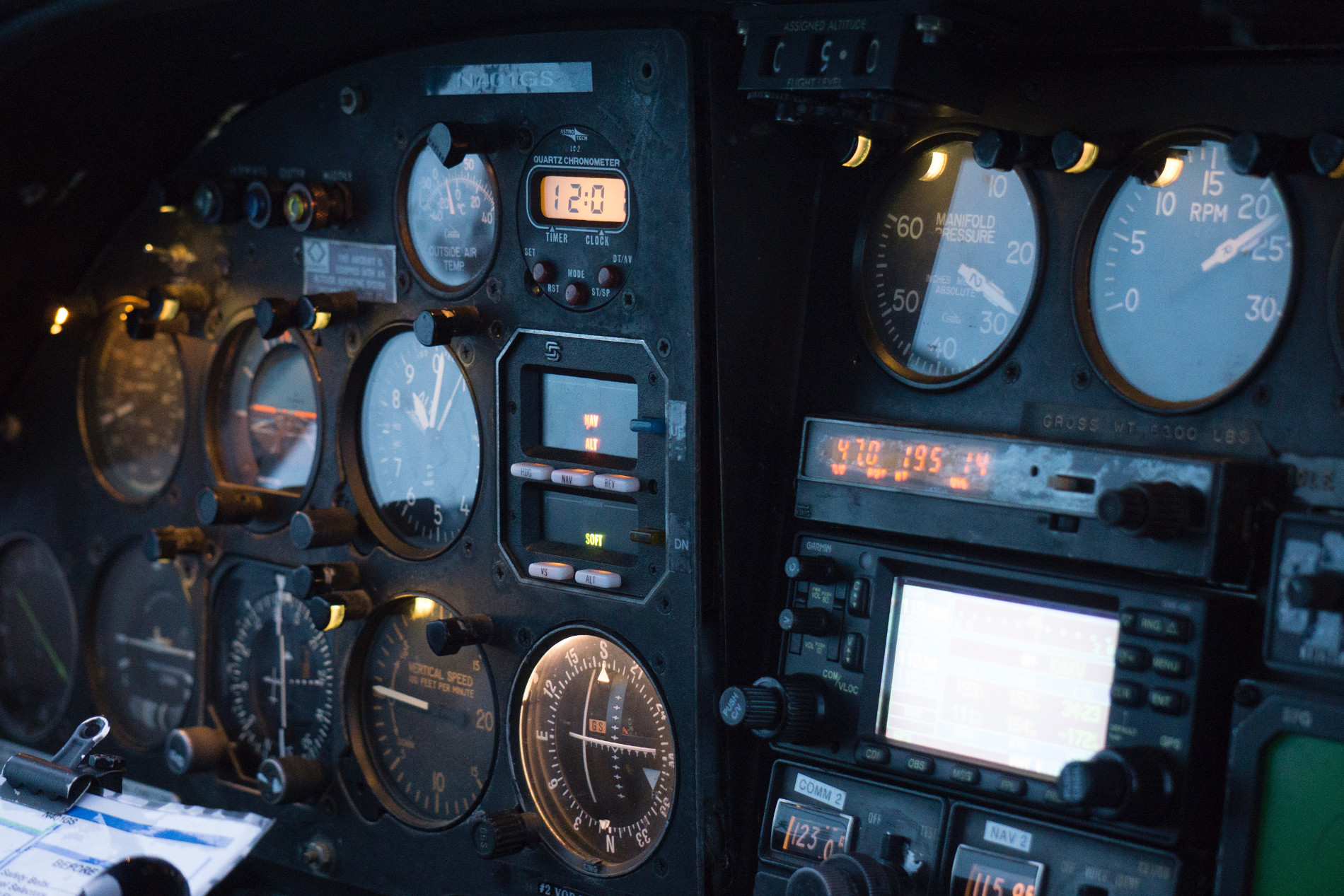 View of an instrument panel inside an aeroplane's cockpit